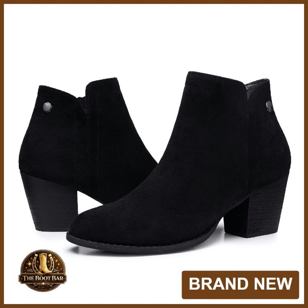 Chunky Low Heel Ankle Boots with Zipper Faux Suede Dress Western